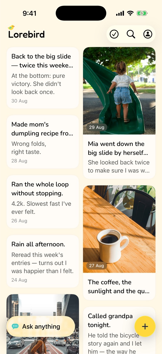 Lorebird journal timeline with photos and entries